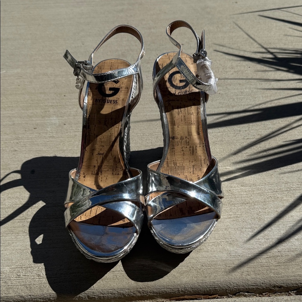 Guess Women's Metallic Silver Sandals, sz 9.5